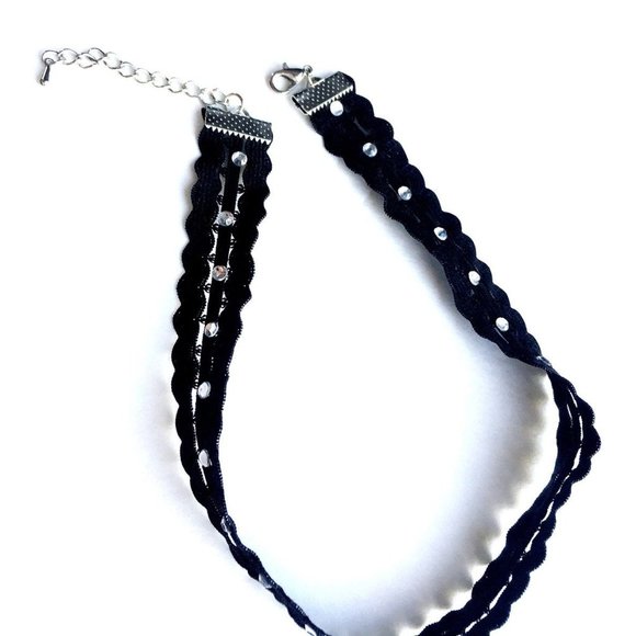 Elastic choker handmade black elastic lace necklace faux miniature rhinestones - Picture 2 of 8